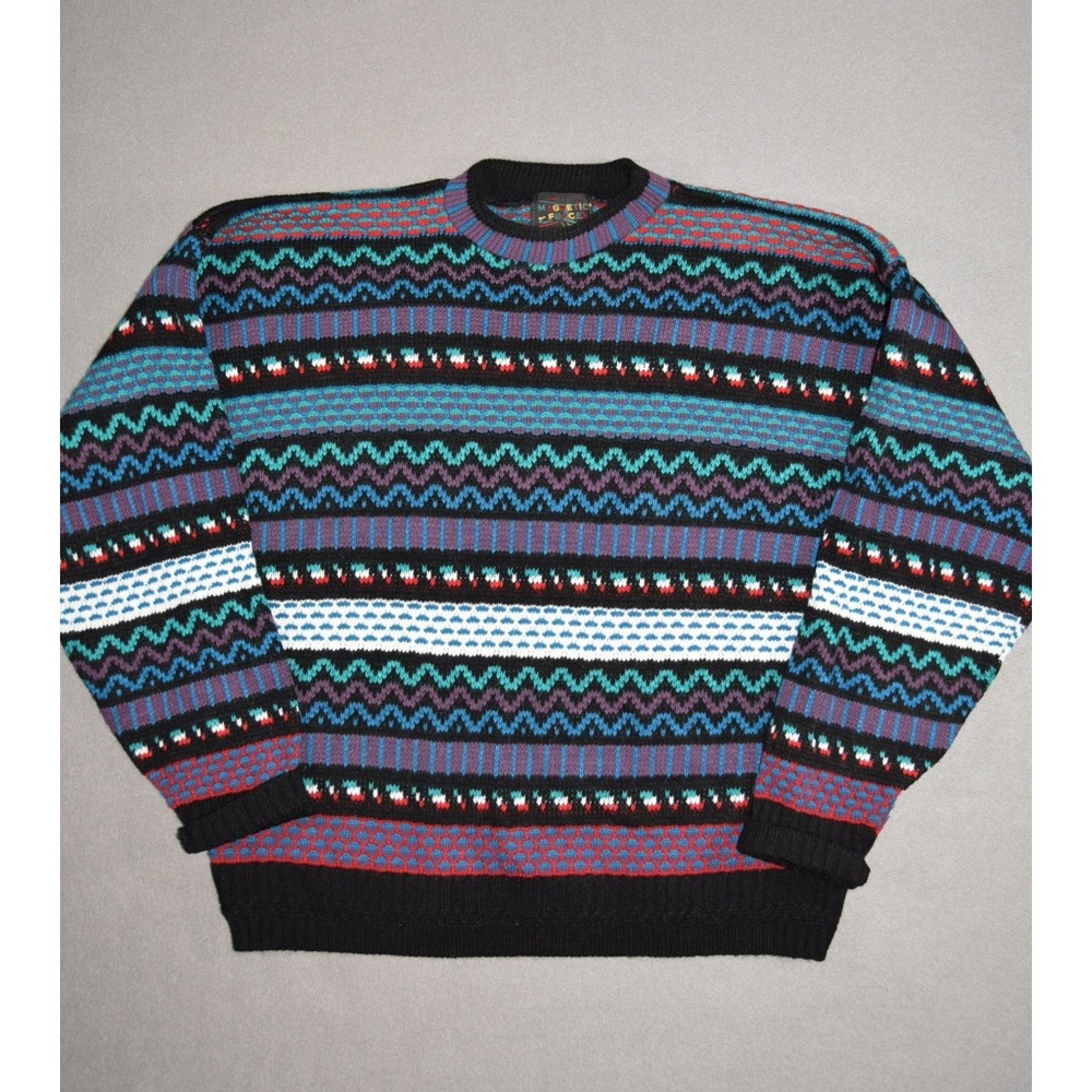 Vintage Magnetic Force Sweater Mens Large Multicolor Striped Geometric Acrylic